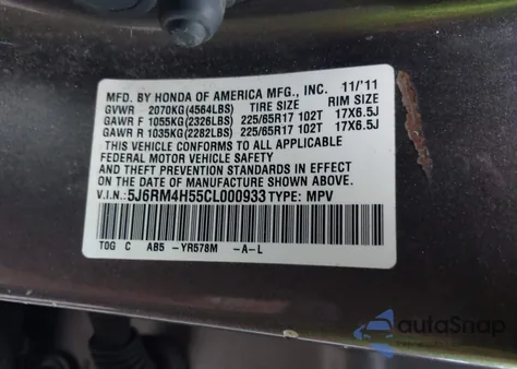 2012 Honda Cr-V Ex z USA, uszkodzony, nr VIN 5J6RM4H55CL000933